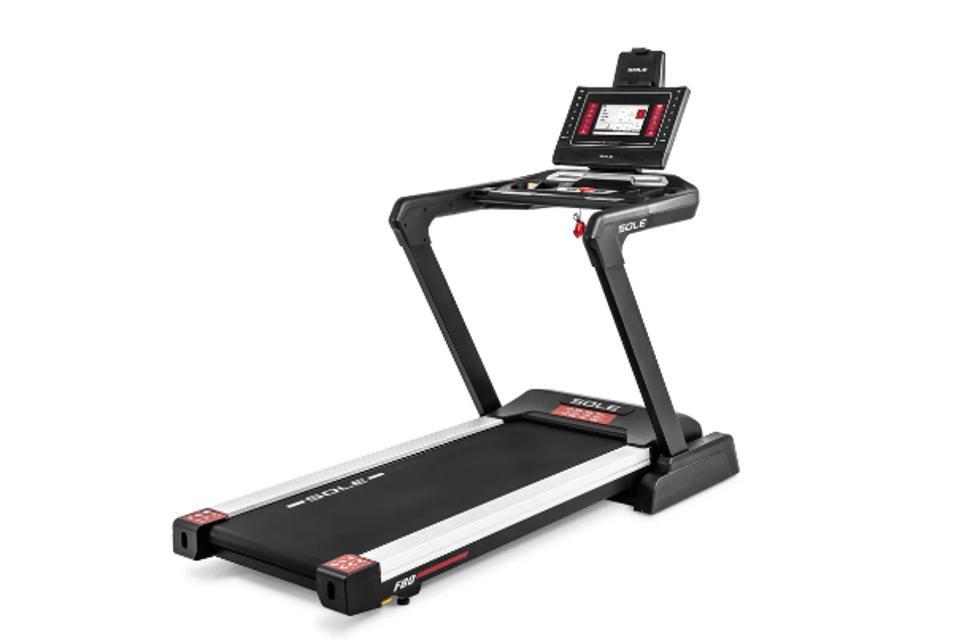 Sole Fitness F80 treadmill in black with a white deck and large screen