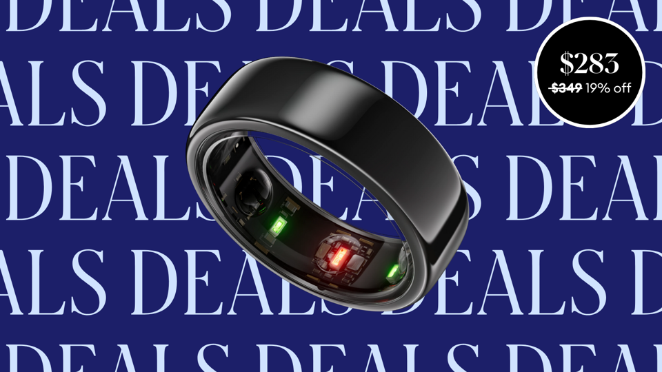 black horizon oura ring gen 3 against light blue background with dark blue 'deals' pattern 