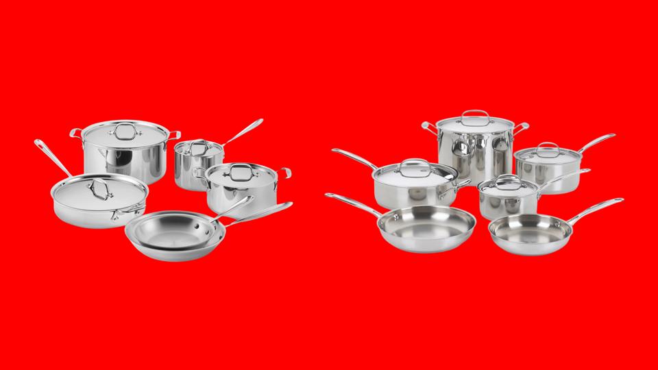 Two of the best stainless steel cookware sets on a bright red background.