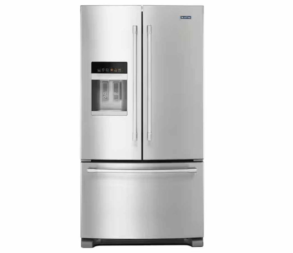 A Maytag French door refrigerator on a white background.