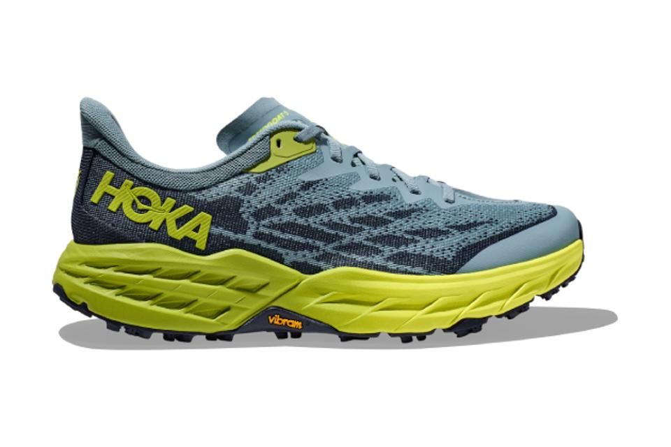 One green and blue Hoka Speedgoat 5 Trail Running Shoe