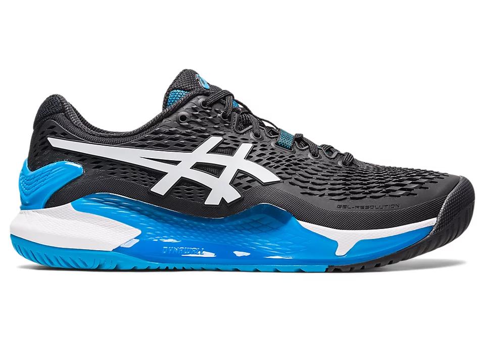 Asics Gel-Resolution 9 in black with light blue and white accents