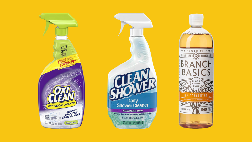 Three soap scum removers on a yellow background.