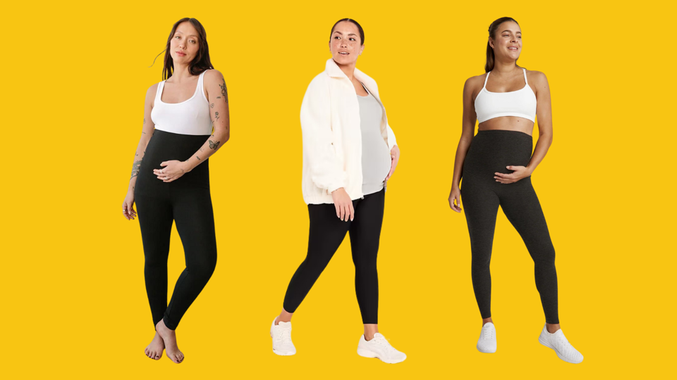 3 pregnant women wearing black maternity leggings and white tops on a yellow background