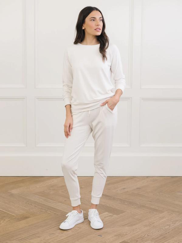 Women wearing the white Cozy earth Bamboo Jogger Set.