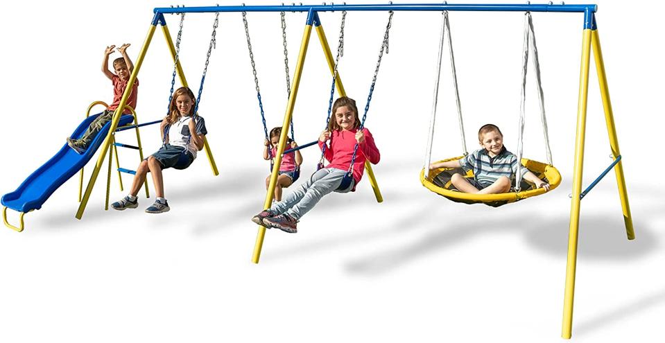 Five kids playing on the Sportspower Triple Swing and Saucer Metal Swing Set 