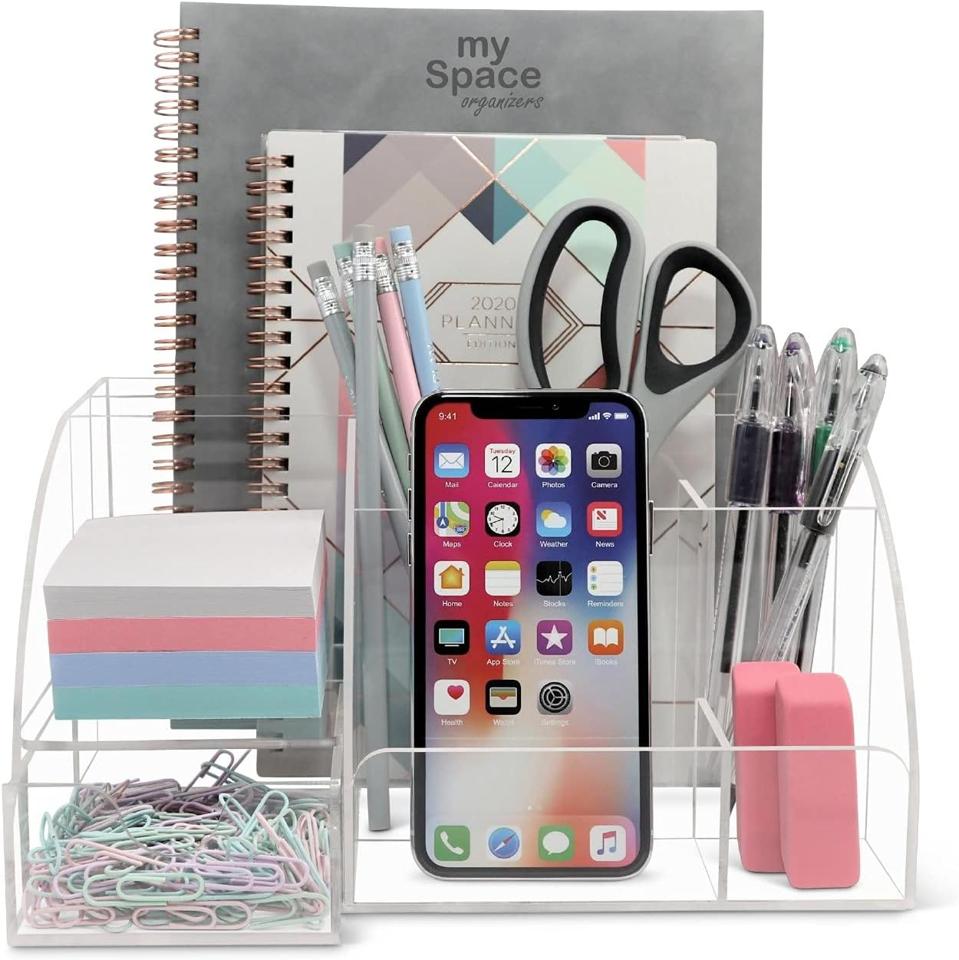 My Space Organizers Clear Acrylic Desk Organizer filled with desk essentials and an iPhone.