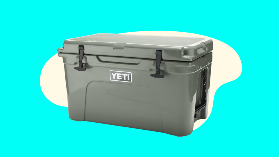 Yeti's Tundra 45 Cooler in Camp Green against a white background framed in a turquoise shape.