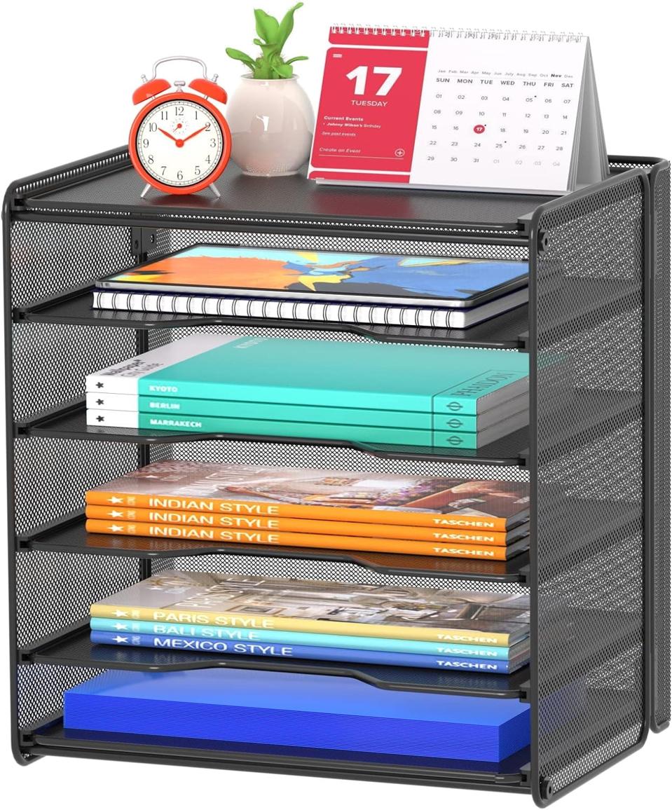 Samstar Letter Tray Paper Organizer filled with notepads, books and other items.