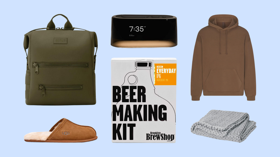 Ugg slippers, Loftie clock, beer making kit and Bearaby blanket on blue background