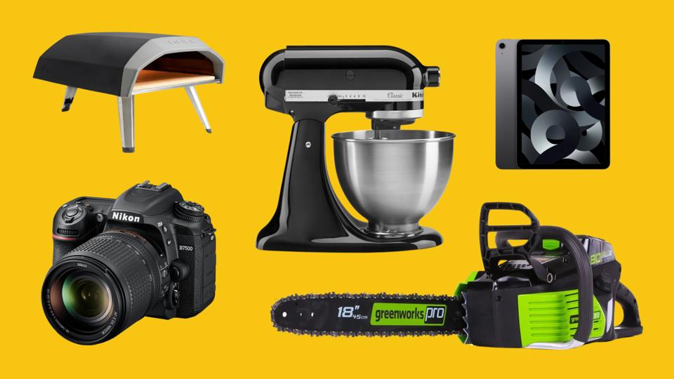 KitchenAid Stand Mixer, Ooni Pizza Oven and more Best Buy deals against a yellow backdrop