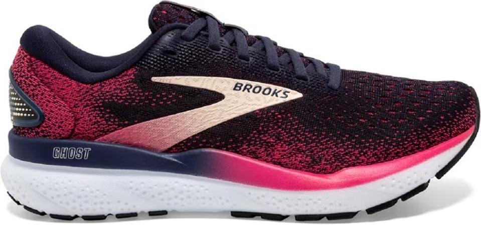 Red, purple, white and black Brooks Ghost 16 treadmill running shoe for women on a white background