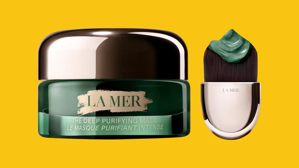 La Mer Deep Purifying Mask jar and application brush against yellow background