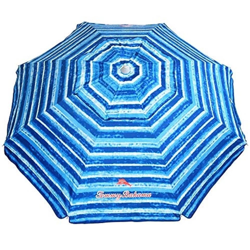 Tommy Bahama Sand Anchor Beach Umbrella with Tilt and Telescoping Pole in Blue/White