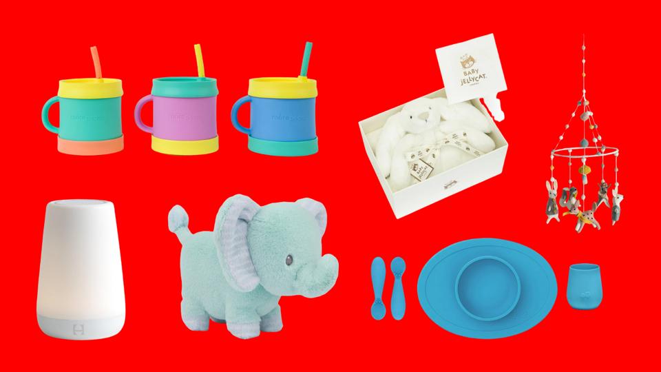 Collage of baby gifts, including cups, a bunny blanket, elephant toy and mobile