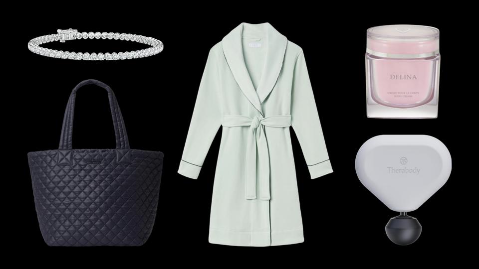 Angara diamond tennis bracelet, MX Wallace tote and Lake bathrobe on a black background.