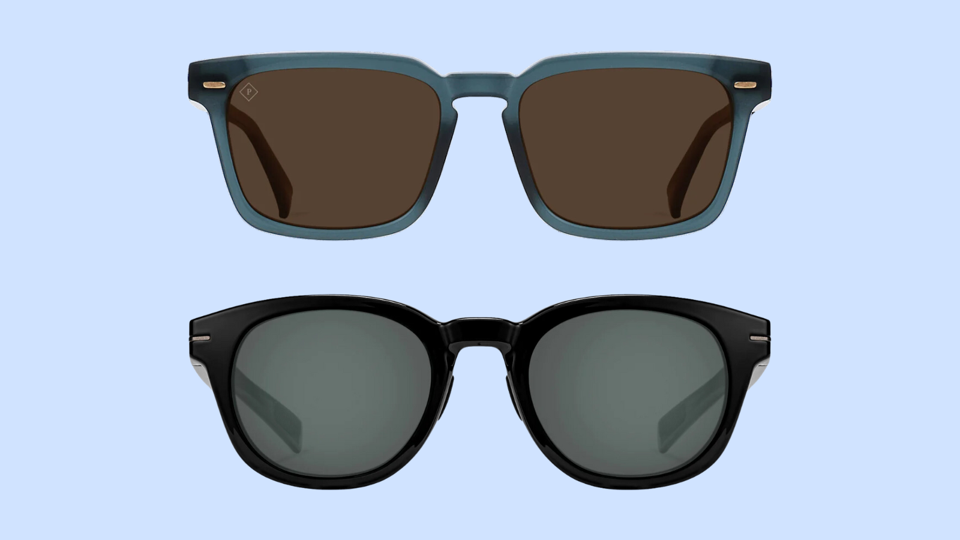 Two pairs of sunglasses against a light blue background