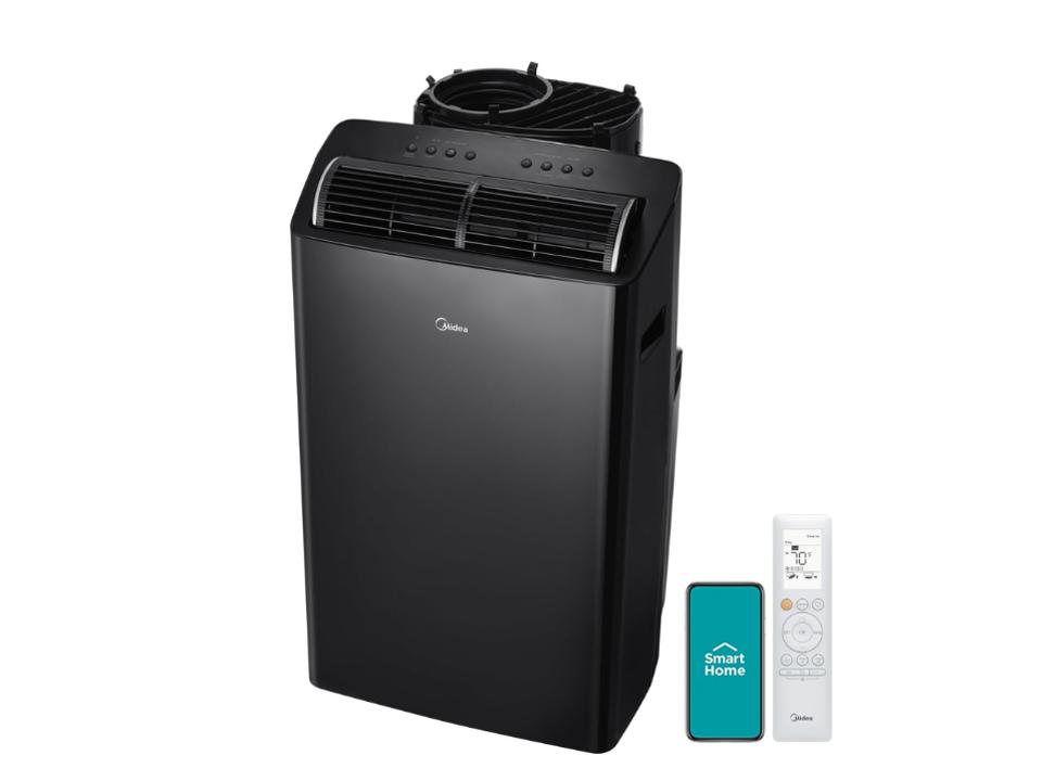 black Midea Duo 14,000 BTU Smart Portable Air Conditioner, white remote & smartphone app against white bg