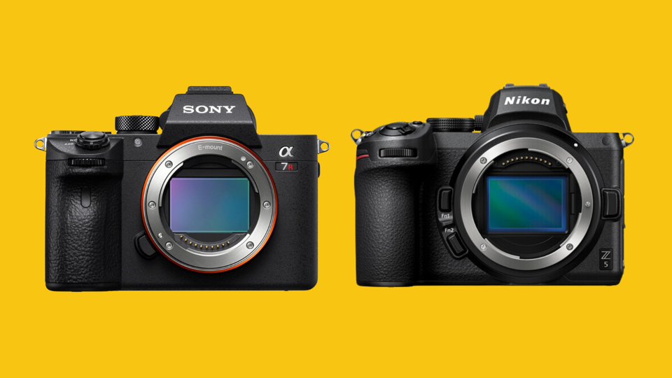 Two camera bodies on a bright mustard yellow background