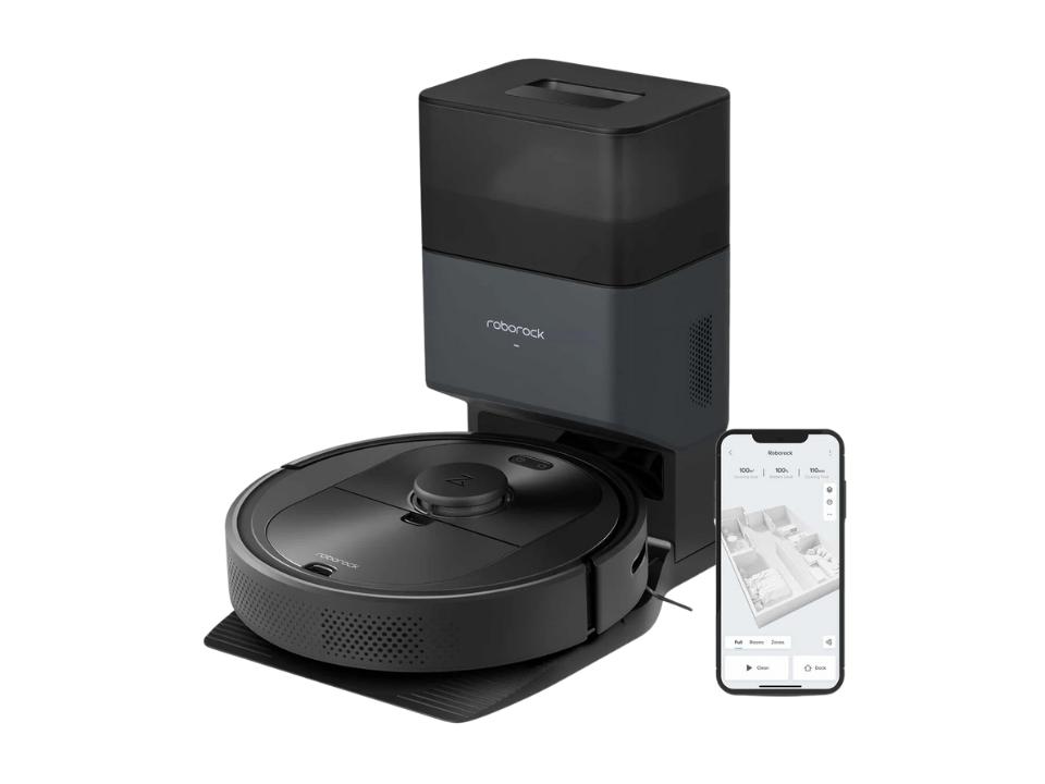 roborock Q5+ Robot Vacuum with auto-Empty Dock next to phone w/ mapping app open on white bg