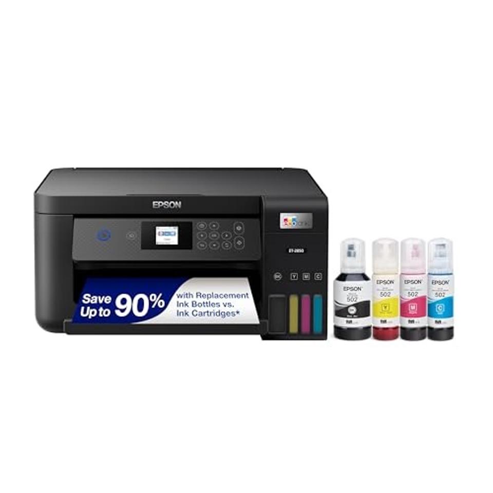 the Epson EcoTank ET-2850 next to ink bottles on a white background