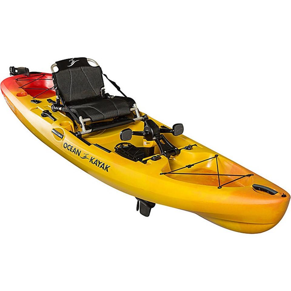 A single-person sit-on-top pedal kayak