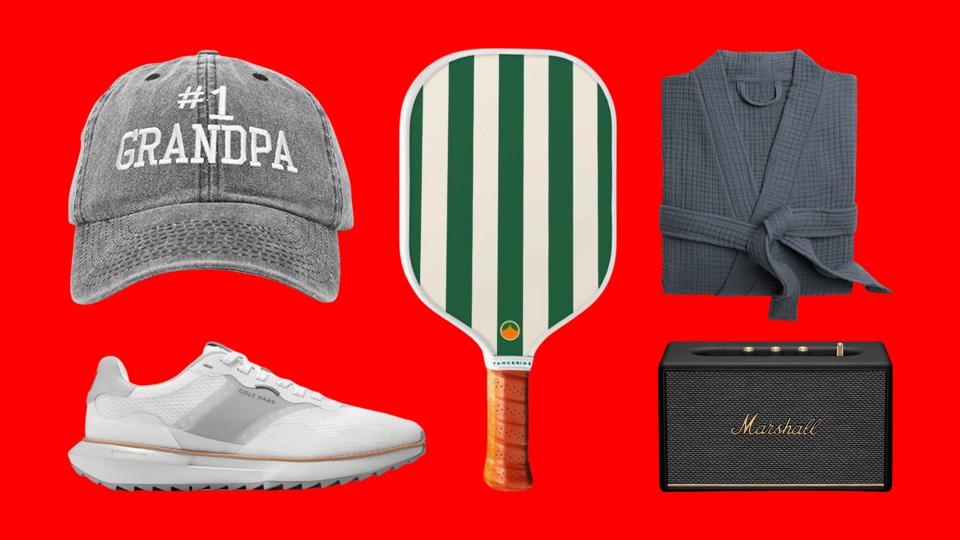 #1 Grandpa hat, pickleball paddle, Cole Haan shoes, Marshall speaker on a red background