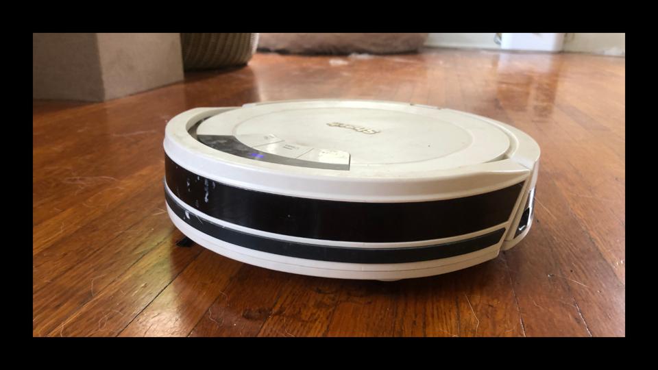 white shark ion robot vacuum on hardwood floor with dog hair fur by claire epting forbes