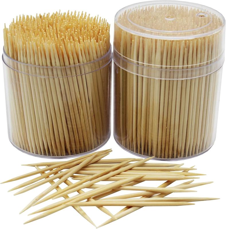 MontoPack Bamboo Wooden Toothpicks | 1000-Piece Large Wood Round Toothpicks in Clear Plastic Storage Box | Sturdy Safe Double Sided Party, Appetizer, Olive, Barbecue, Fruit, Teeth Cleaning Toothpicks