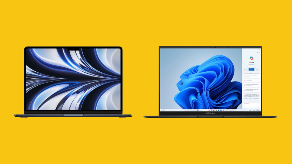 Two of the best laptops for college students side by side on a bright mustard yellow background