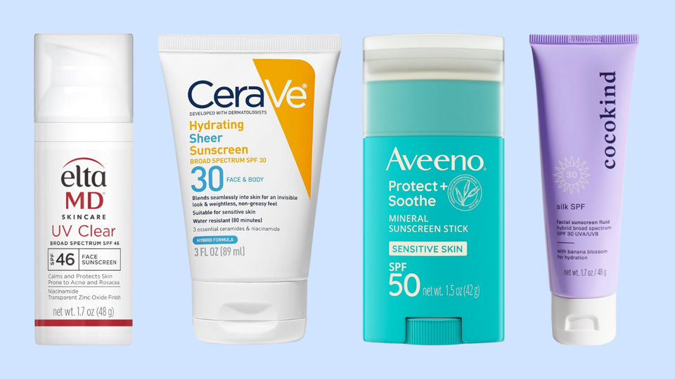 Four sunscreens against light blue background