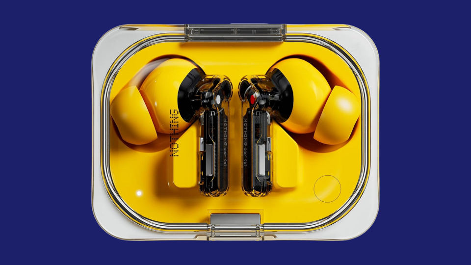 The Nothing Ear (a) earbuds in their case on a dark blue background