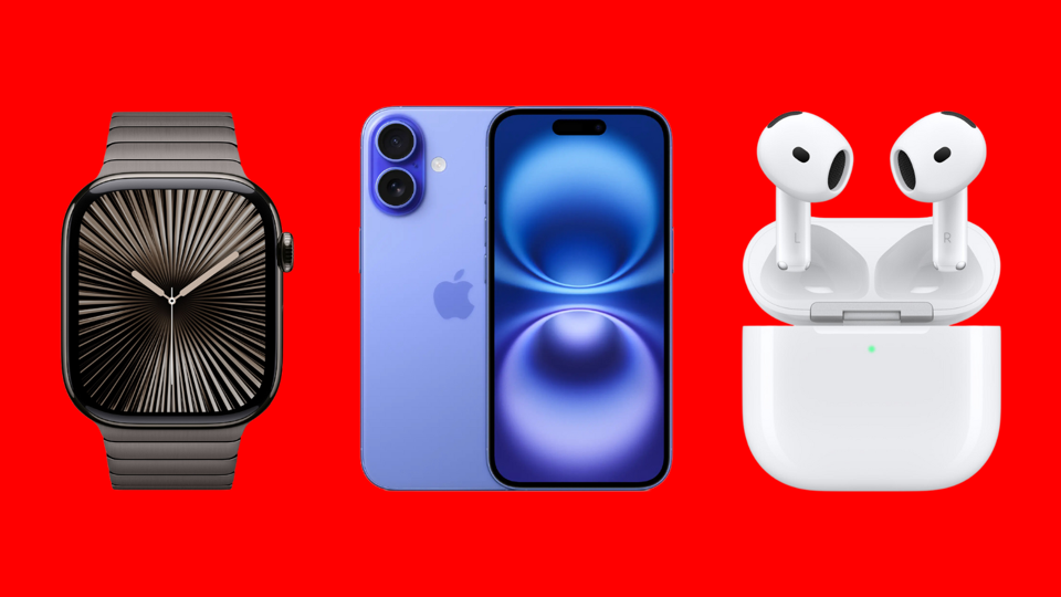 An Apple Watch, an iPhone 16 and AirPods 4 on a red background