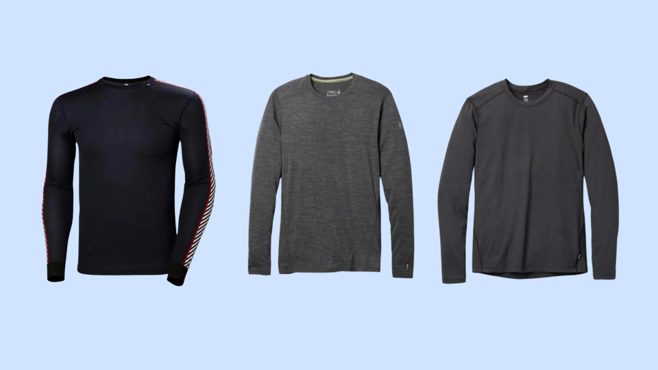 Three of the best thermal underwear base layers on a blue background