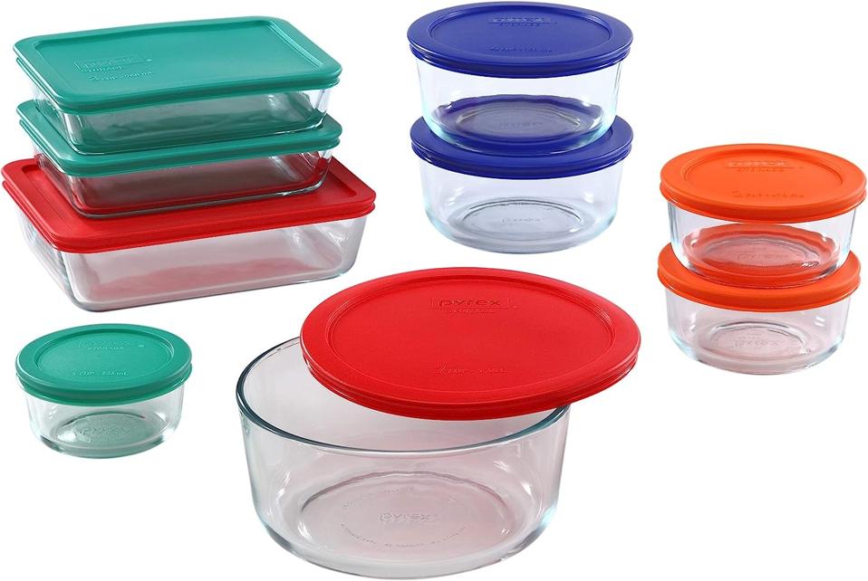 Pyrex Meal Prep Simply Store Glass Rectangular and Round Food Container Set (18-Piece, BPA-free), Multicolor