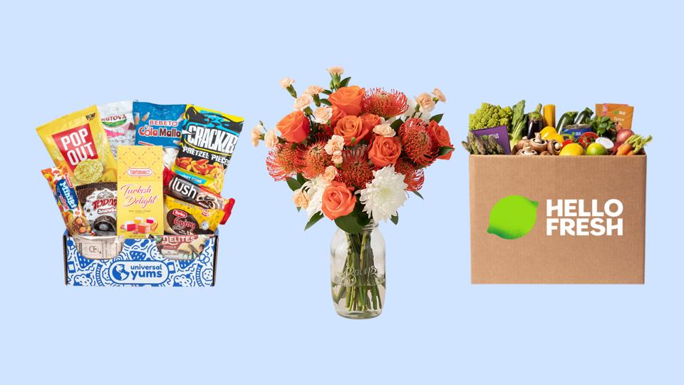 Universal Yums box, The Bouqs Co. floral bouquet, Hello Fresh box on a blue background