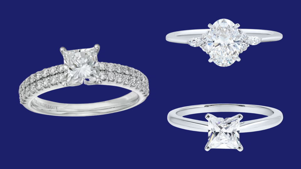 Collage with three different diamond engagement rings from different jewelers. 