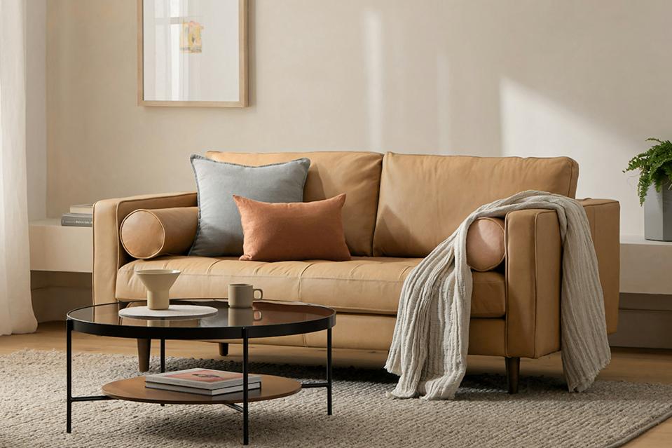 A tan Sven Leather Sofa on a beige rug with a coffee table