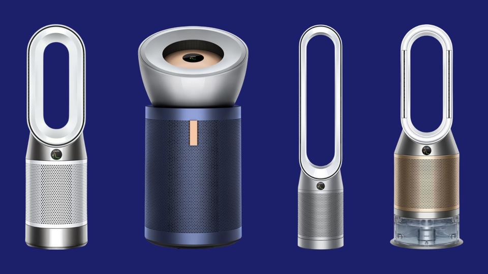 Four different Dyson air purifiers against a blue background