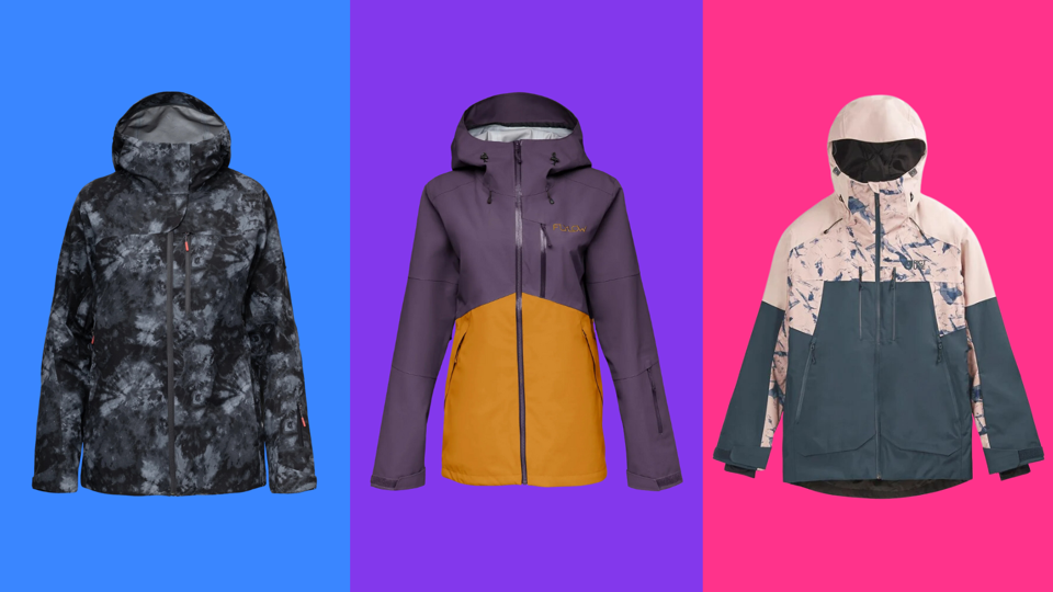 three of the best ski jackets for women on a tri-colored illustrative background