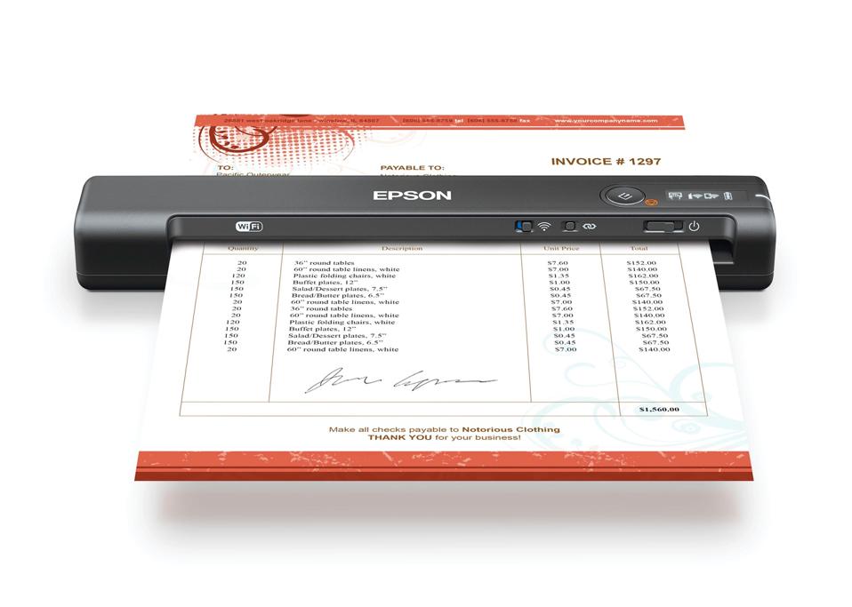 Epson WorkForce ES-60W Wireless Portable Document Scanner on a white background