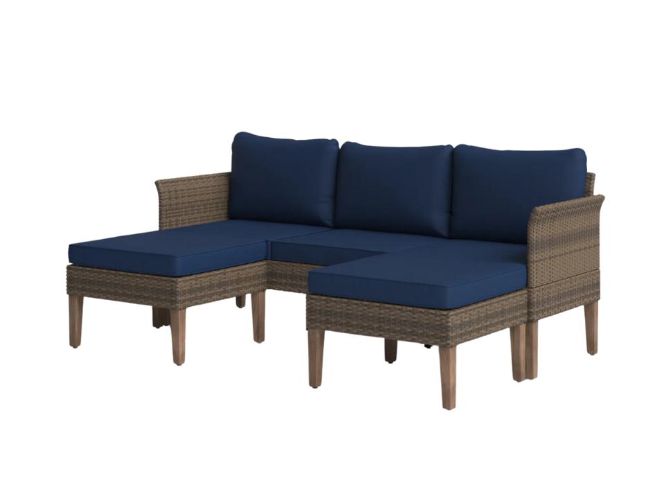 Wade Logan Aubre 3-Piece Outdoor Conversation Set w/ blue cushions on a white background