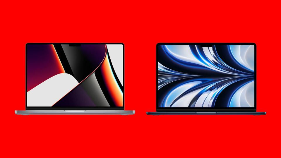 Two MacBooks side-by-side against a bright red background. 