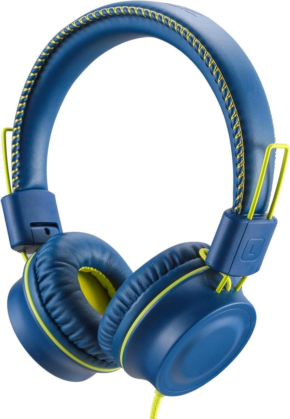 Powmee M2 Kids Headphones in blue with yellow trim on a white background