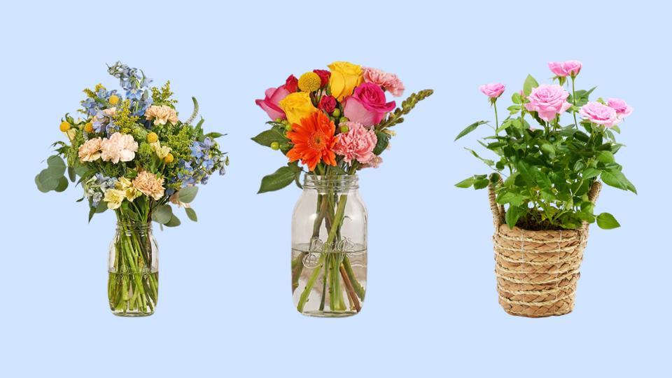 Three Mother's Day flower arrangements against a light blue background