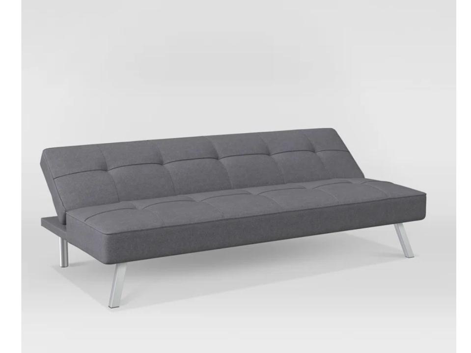 Best Futons: Serta linen tufted Back Convertible Sofa gray on beige background silver legs