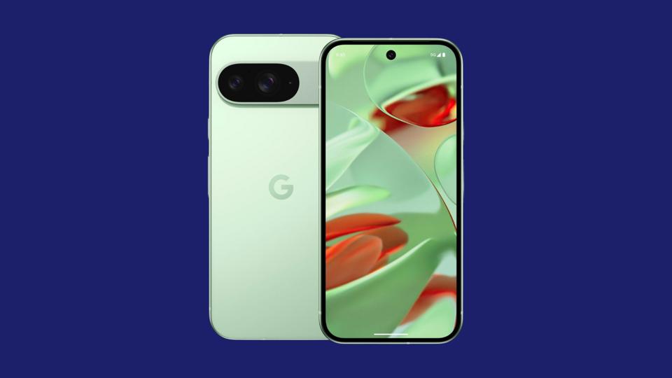 A Google Pixel 9 Phone on a navy background