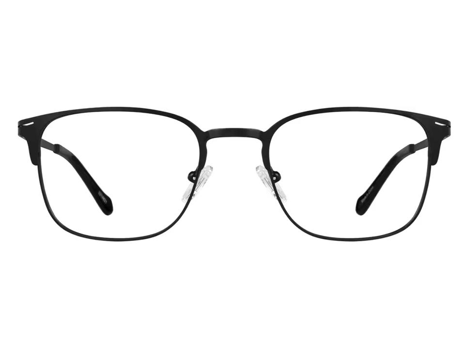 Black steel framed square lens glasses on a white background