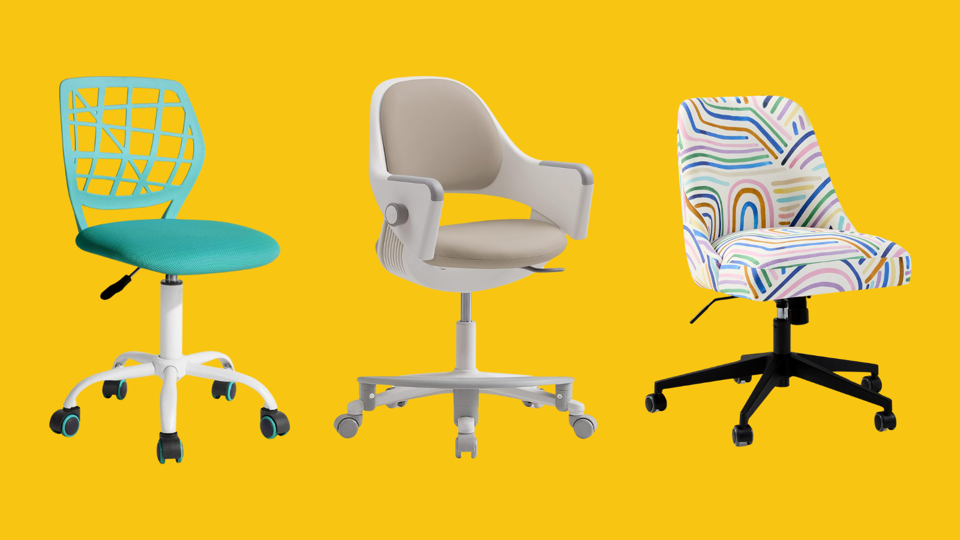 Three desk chairs for kids on a bright mustard yellow background