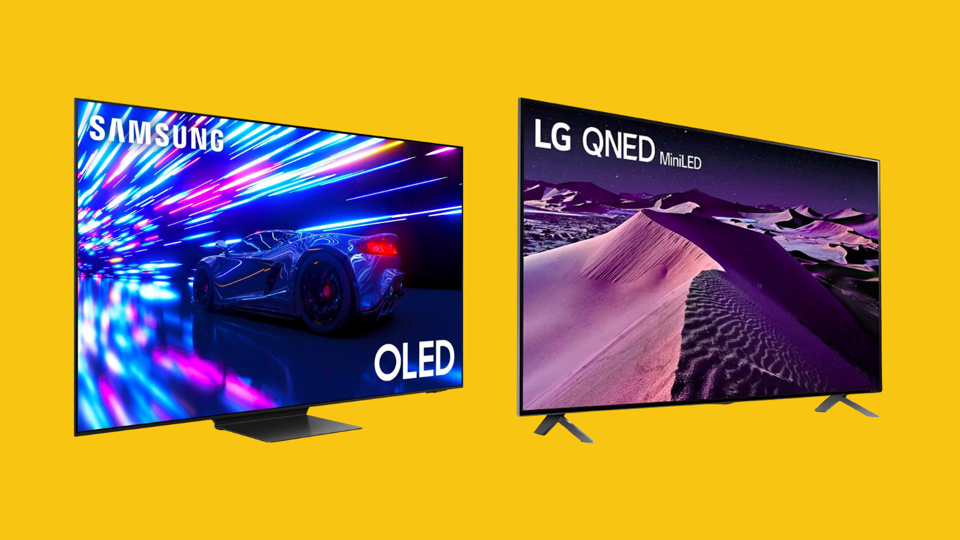 A Samsung OLED and a LG QNED TV side by side on a yellow background